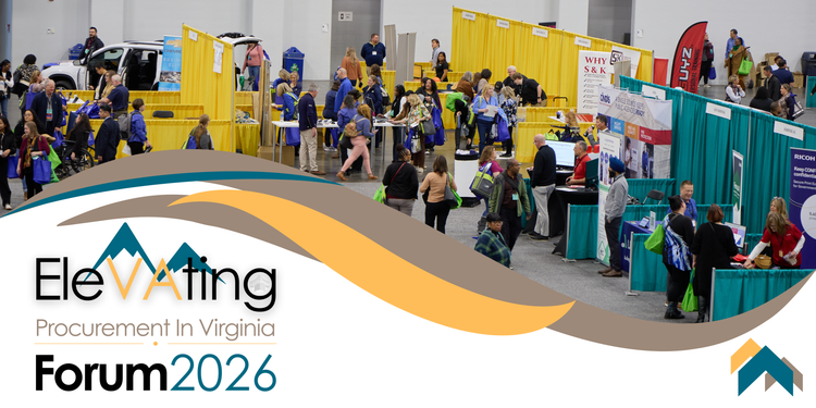 Logotipo del foro2026 que destaca el tema de este año, "Elevando las adquisiciones en Virginia", con un gráfico de la feria de proveedores Supplier Connect que muestra los stands y la interacción en Supplier Connect.